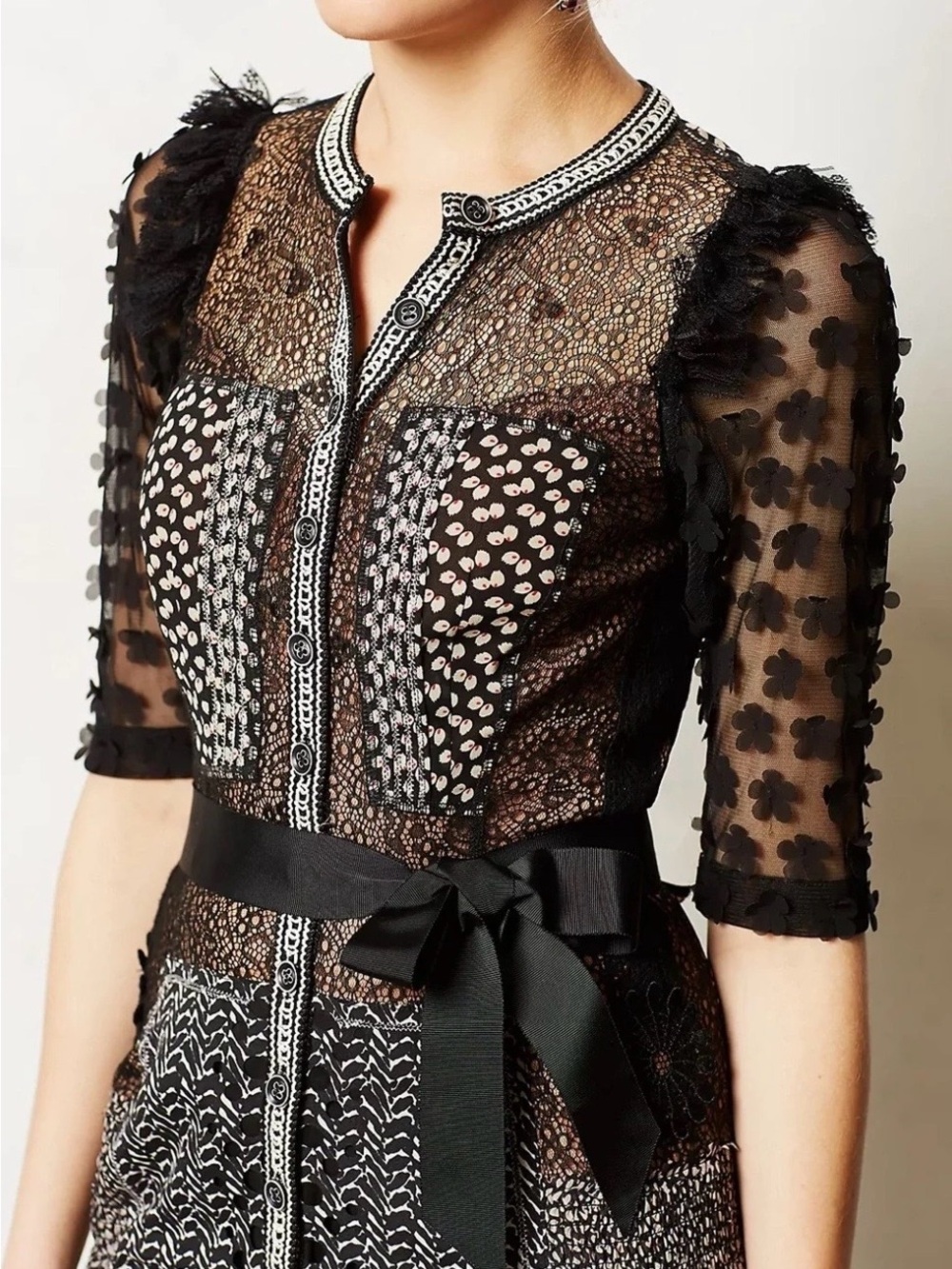 Byron Lars Black Lace & Mesh Mixed-Print beautiful dress with Ribbon Waist